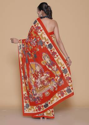Kalamkari printed cotton ethnic orange saree for woman 2