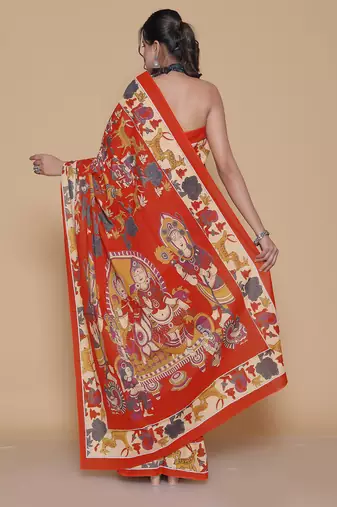 Kalamkari printed  cotton ethnic orange saree for woman