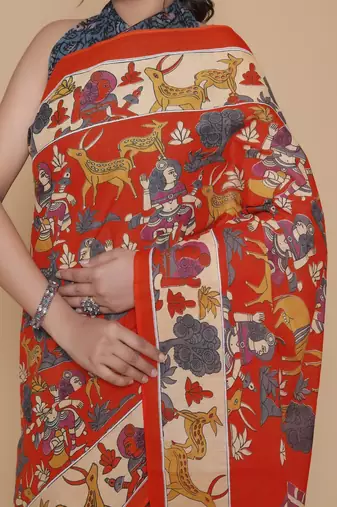 Kalamkari printed  cotton ethnic orange saree for woman