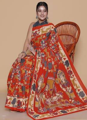 Kalamkari printed cotton ethnic orange saree for woman 4