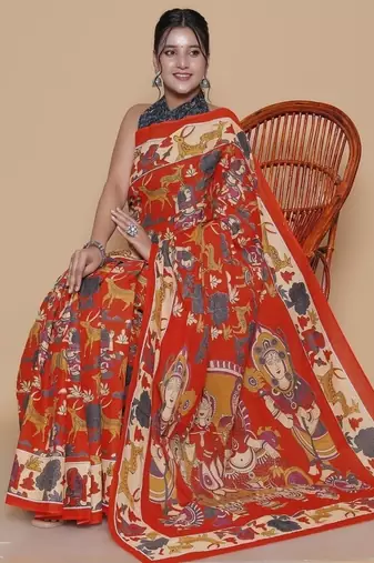Kalamkari printed  cotton ethnic orange saree for woman