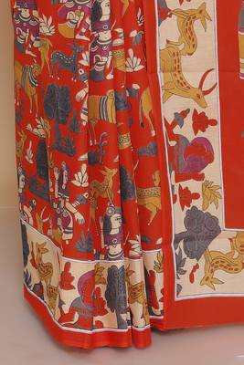 Kalamkari printed cotton ethnic orange saree for woman 5