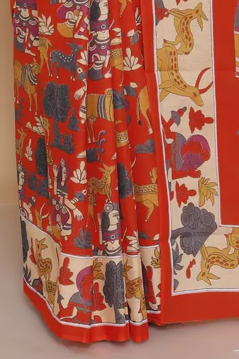 Kalamkari printed  cotton ethnic orange saree for woman