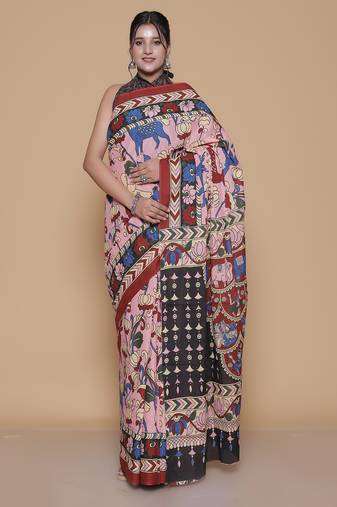 Kalamkari printed pure cotton ethnic pink saree for woman