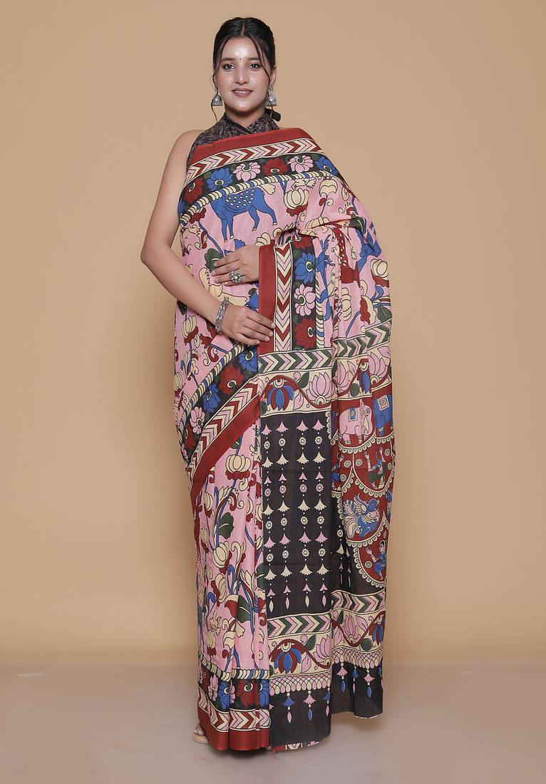 Kalamkari printed pure cotton ethnic pink saree for woman