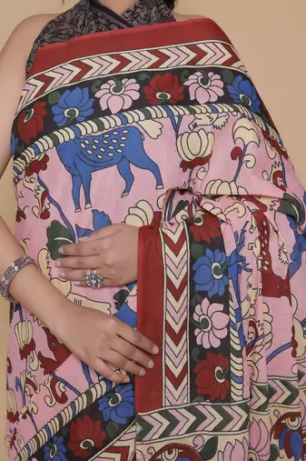 Kalamkari printed  cotton ethnic pink saree for woman