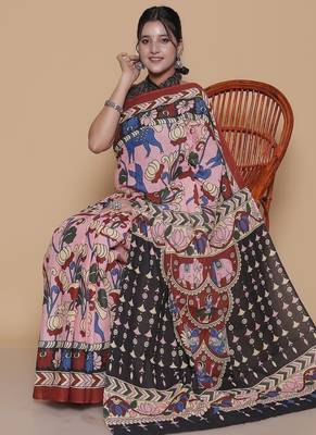 Kalamkari printed  cotton ethnic pink saree for woman 4