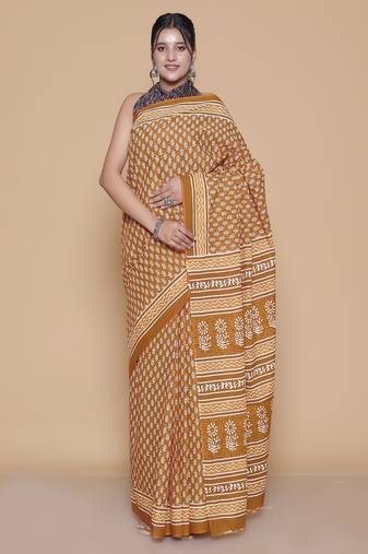 Kalamkari printed pure cotton ethnic yellow saree for woman