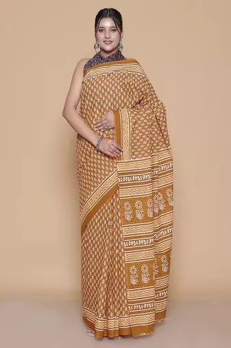 Kalamkari printed pure cotton ethnic yellow saree for woman