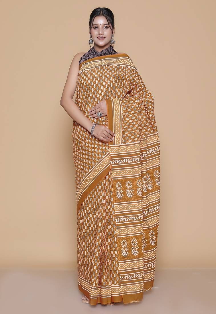 Kalamkari printed pure cotton ethnic yellow saree for woman