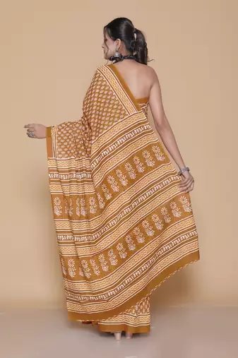 Kalamkari printed  cotton ethnic yellow saree for woman