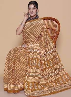 Kalamkari printed  cotton ethnic yellow saree for woman 4