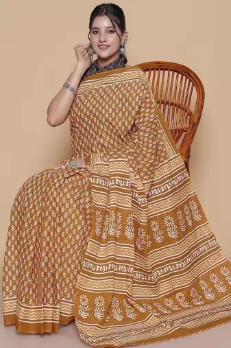 Kalamkari printed  cotton ethnic yellow saree for woman