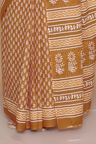 Kalamkari printed  cotton ethnic yellow saree for woman