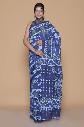 Kalamkari printed pure cotton ethnic blue saree for woman