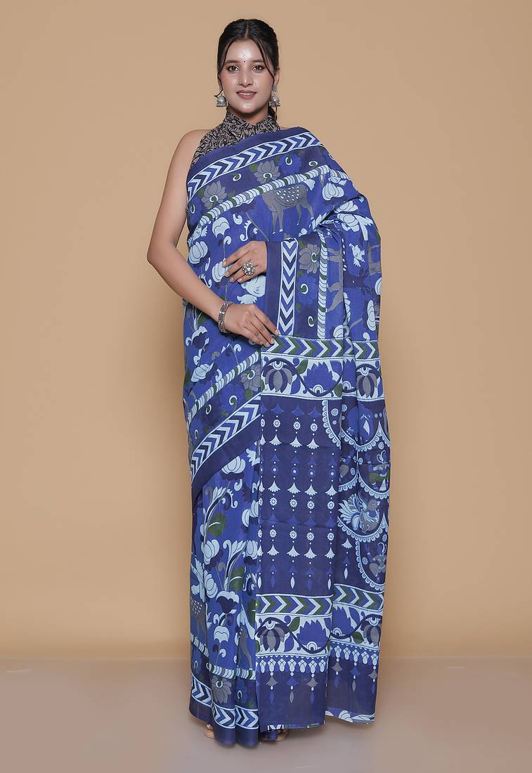 Kalamkari printed pure cotton ethnic blue saree for woman