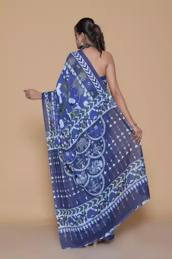 Kalamkari printed  cotton ethnic blue saree for woman