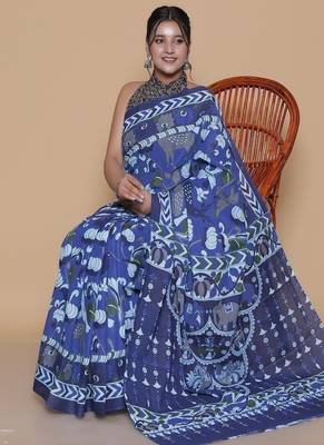 Kalamkari printed  cotton ethnic blue saree for woman 4