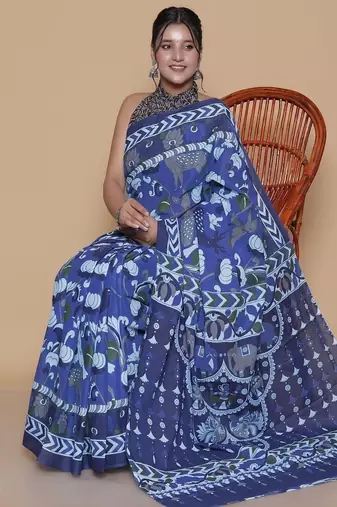 Kalamkari printed  cotton ethnic blue saree for woman