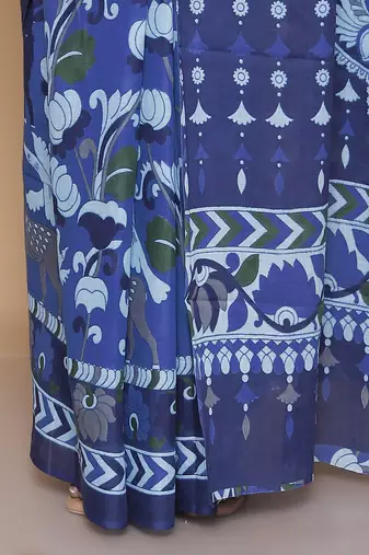 Kalamkari printed  cotton ethnic blue saree for woman