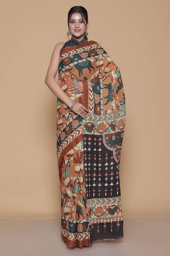 Kalamkari printed pure cotton ethnic brown saree for woman