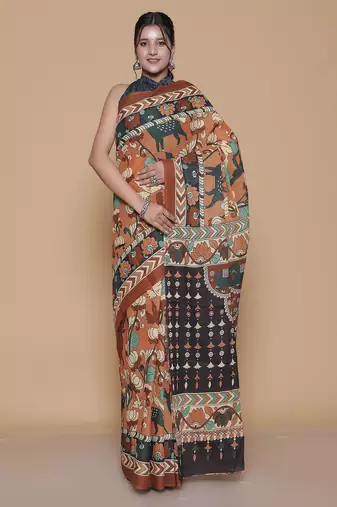 Kalamkari printed pure cotton ethnic brown saree for woman