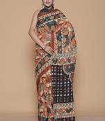 Kalamkari printed pure cotton ethnic brown saree for woman
