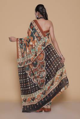 Kalamkari printed  cotton ethnic brown saree for woman 2