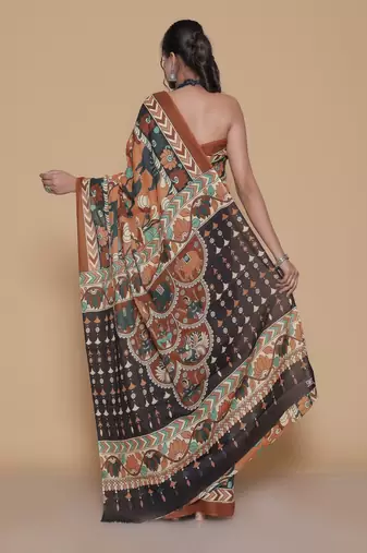 Kalamkari printed  cotton ethnic brown saree for woman