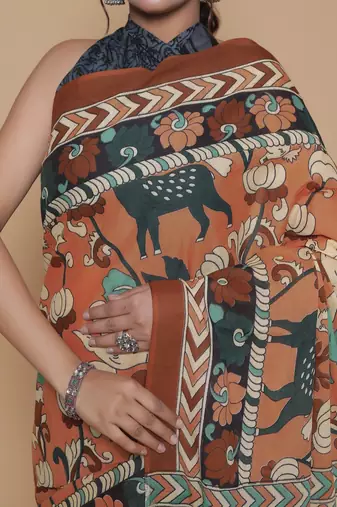 Kalamkari printed  cotton ethnic brown saree for woman