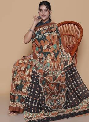 Kalamkari printed  cotton ethnic brown saree for woman 4