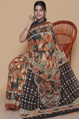 Kalamkari printed  cotton ethnic brown saree for woman