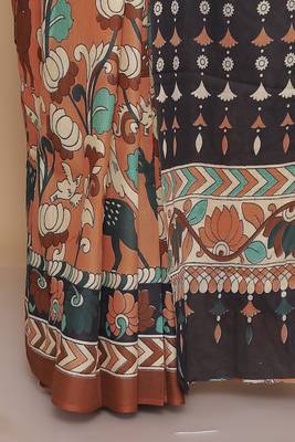 Kalamkari printed  cotton ethnic brown saree for woman 5