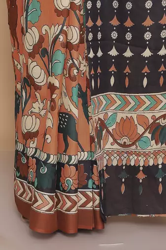 Kalamkari printed  cotton ethnic brown saree for woman