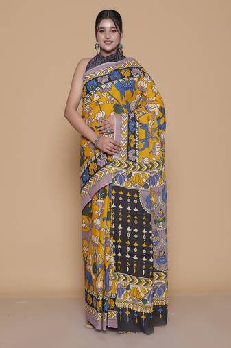 Kalamkari printed pure cotton ethnic yellow saree for woman
