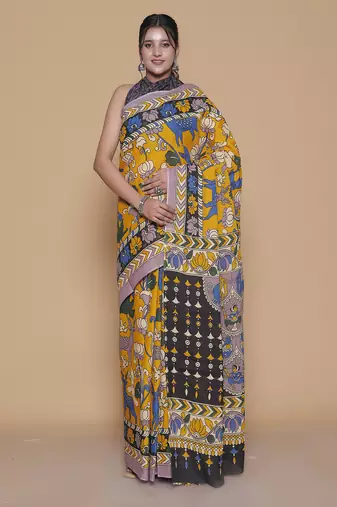 Kalamkari printed pure cotton ethnic yellow saree for woman