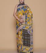 Kalamkari printed pure cotton ethnic yellow saree for woman
