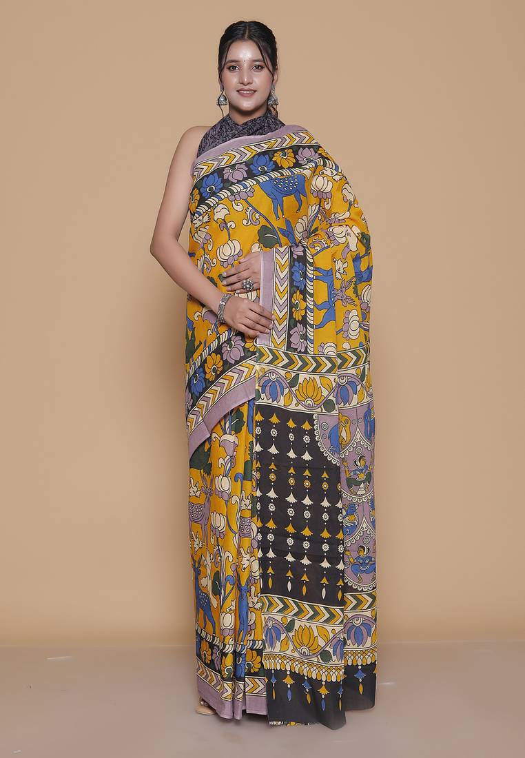 Kalamkari printed pure cotton ethnic yellow saree for woman