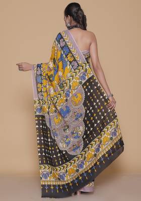 Kalamkari printed  cotton ethnic yellow saree for woman 2
