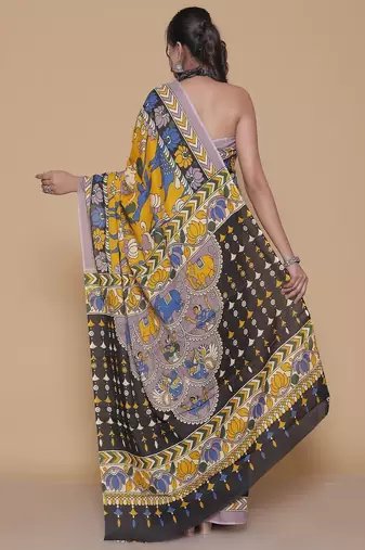 Kalamkari printed  cotton ethnic yellow saree for woman
