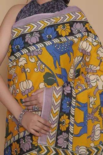 Kalamkari printed  cotton ethnic yellow saree for woman