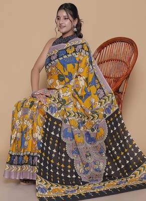 Kalamkari printed  cotton ethnic yellow saree for woman 4