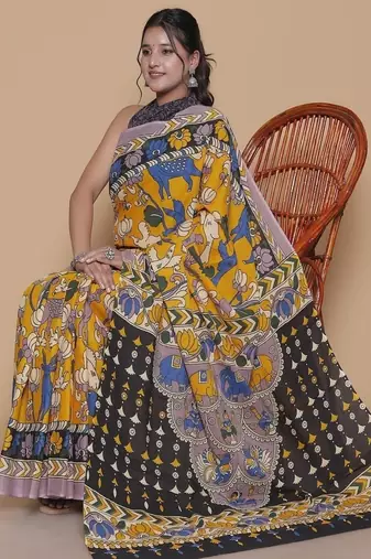 Kalamkari printed  cotton ethnic yellow saree for woman