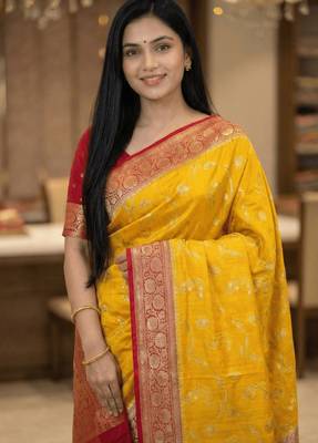 Banarasi puresilk chiniya saree in mustard colour with  floral zari work 5