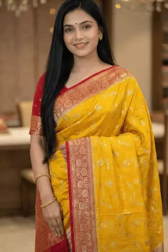 Banarasi puresilk chiniya saree in mustard colour with  floral zari work