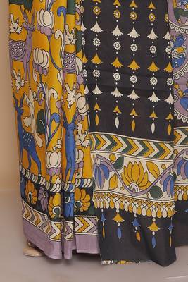 Kalamkari printed  cotton ethnic yellow saree for woman 5