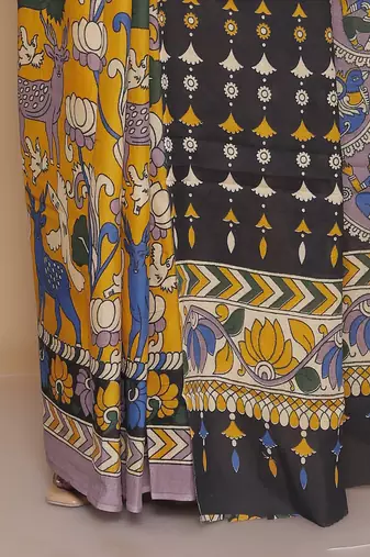 Kalamkari printed  cotton ethnic yellow saree for woman