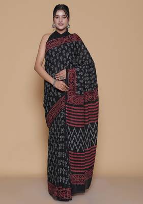 Kalamkari printed  cotton ethnic black saree for woman 1
