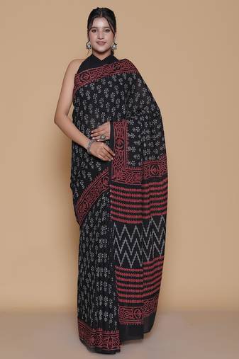 Kalamkari printed pure cotton ethnic black saree for woman