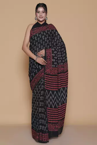Kalamkari printed pure cotton ethnic black saree for woman